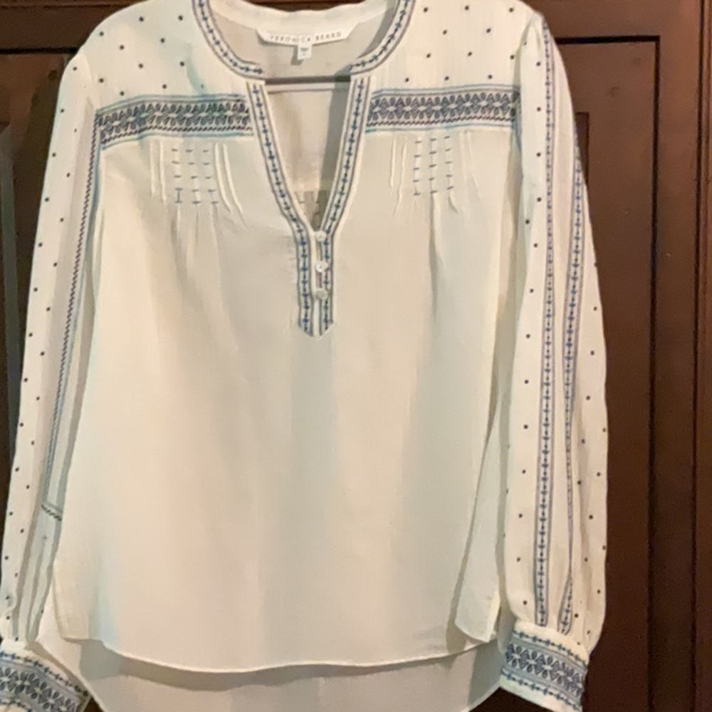 Veronica Beard Ivory and Navy Embroidered Top
